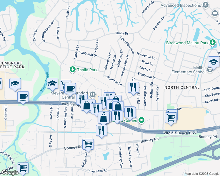map of restaurants, bars, coffee shops, grocery stores, and more near 3910 Roebling Lane in Virginia Beach