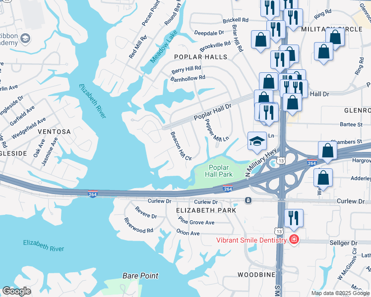 map of restaurants, bars, coffee shops, grocery stores, and more near 405 Saddle Rock Road in Norfolk