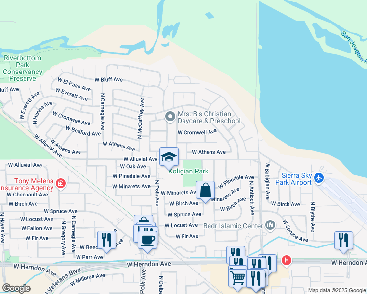 map of restaurants, bars, coffee shops, grocery stores, and more near 7507 North Constance Avenue in Fresno
