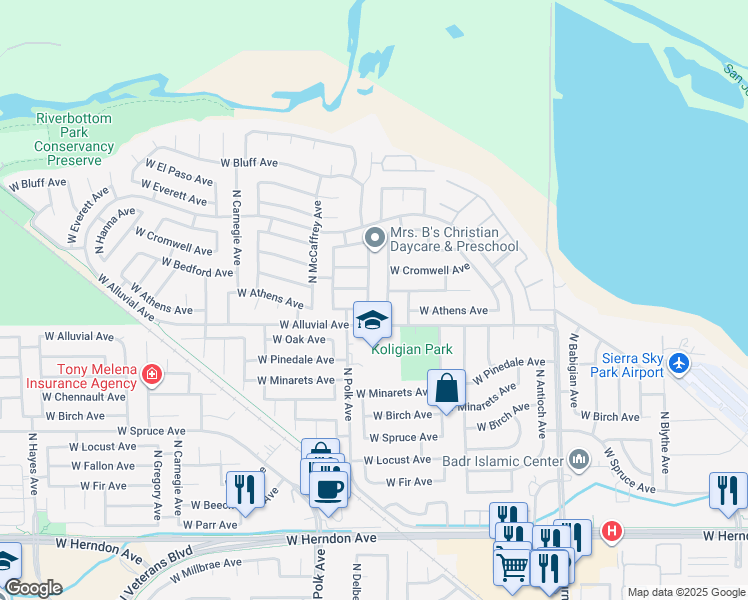 map of restaurants, bars, coffee shops, grocery stores, and more near 5405 West Athens Avenue in Fresno