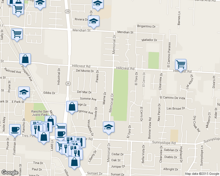 map of restaurants, bars, coffee shops, grocery stores, and more near 1040 Memorial Drive in Hollister