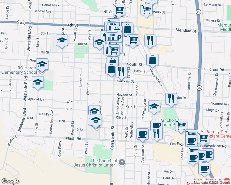 map of restaurants, bars, coffee shops, grocery stores, and more near 1020 San Benito Street in Hollister