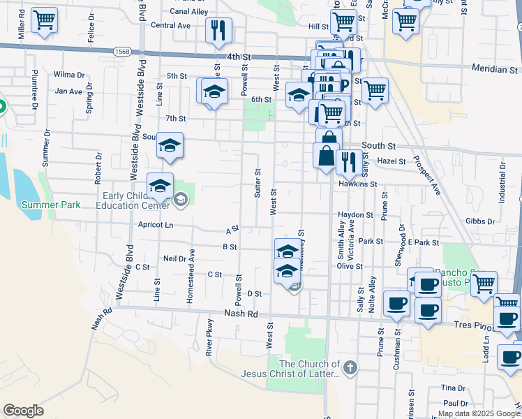 map of restaurants, bars, coffee shops, grocery stores, and more near 556 A Street in Hollister