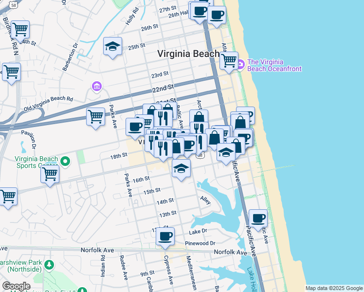 map of restaurants, bars, coffee shops, grocery stores, and more near 1718 Baltic Avenue in Virginia Beach