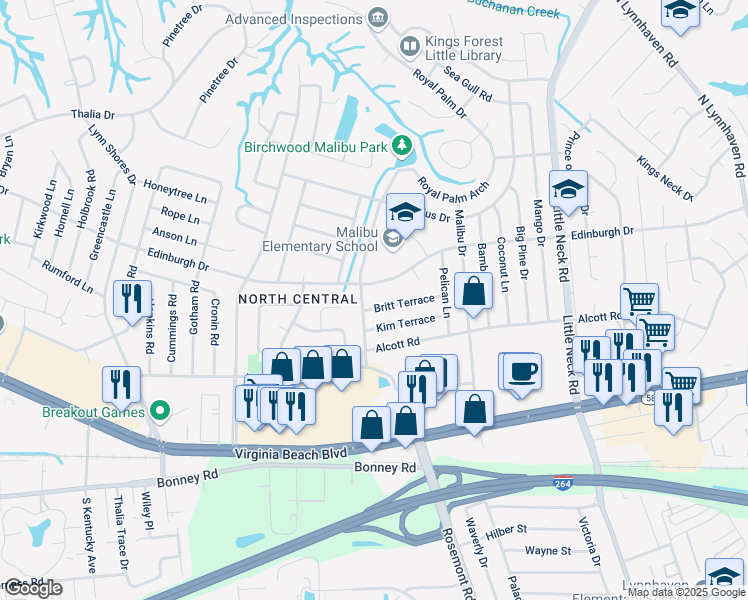 map of restaurants, bars, coffee shops, grocery stores, and more near 3641 Britt Terrace in Virginia Beach