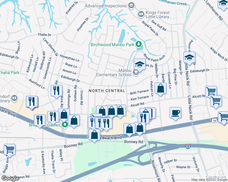 map of restaurants, bars, coffee shops, grocery stores, and more near 3728 Northmoor Court in Virginia Beach