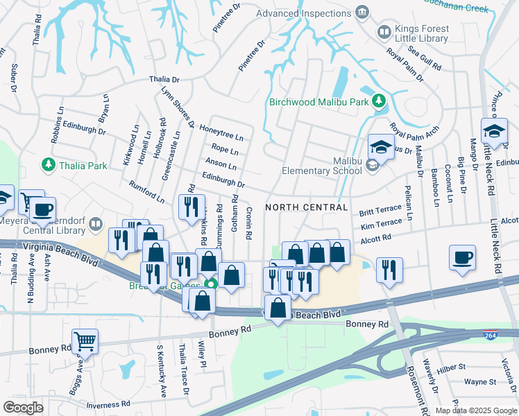 map of restaurants, bars, coffee shops, grocery stores, and more near 432 Caren Drive in Virginia Beach