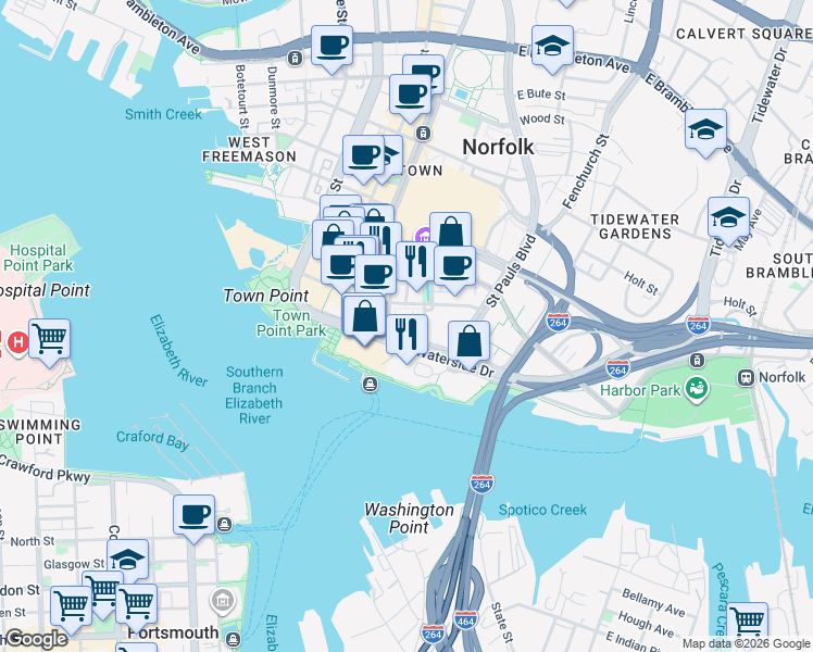 map of restaurants, bars, coffee shops, grocery stores, and more near 777 Waterside Drive in Norfolk