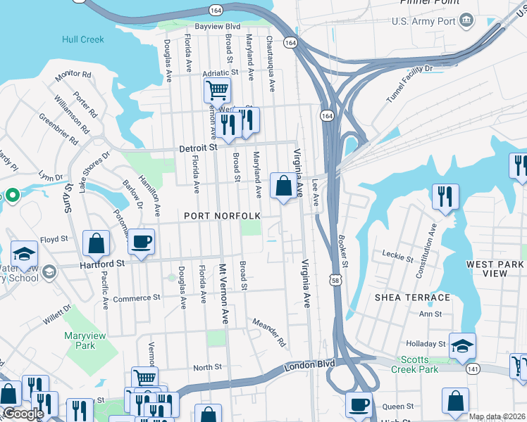 map of restaurants, bars, coffee shops, grocery stores, and more near 2503 Woodrow Street in Portsmouth