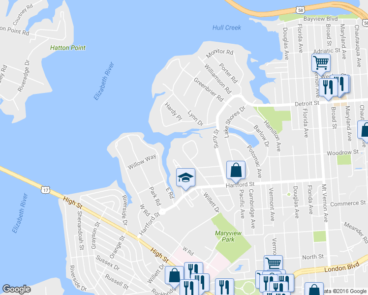 map of restaurants, bars, coffee shops, grocery stores, and more near 557 Lanier Crescent in Portsmouth