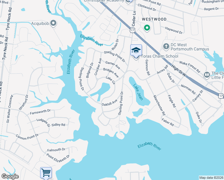 map of restaurants, bars, coffee shops, grocery stores, and more near 5025 Lake Circle in Portsmouth