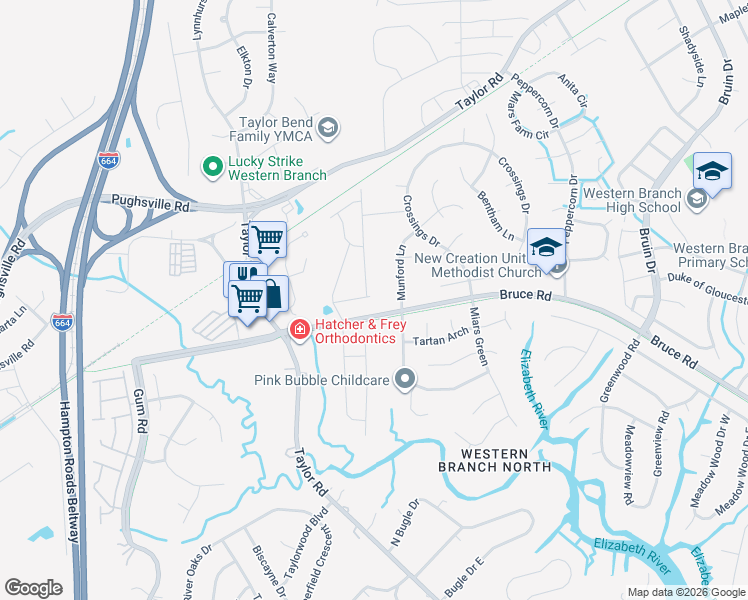 map of restaurants, bars, coffee shops, grocery stores, and more near 4337 Munford Lane in Chesapeake