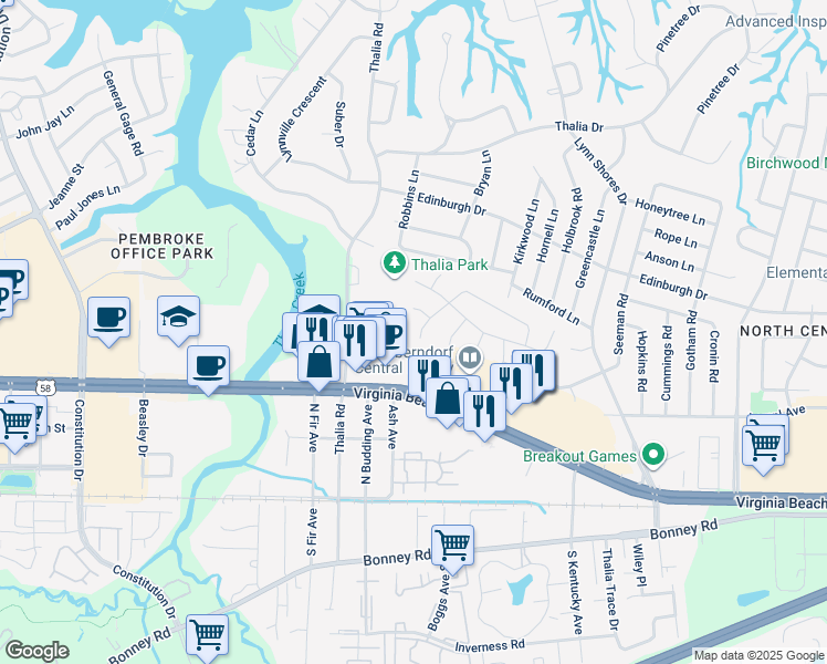 map of restaurants, bars, coffee shops, grocery stores, and more near 4024 Roebling Lane in Virginia Beach
