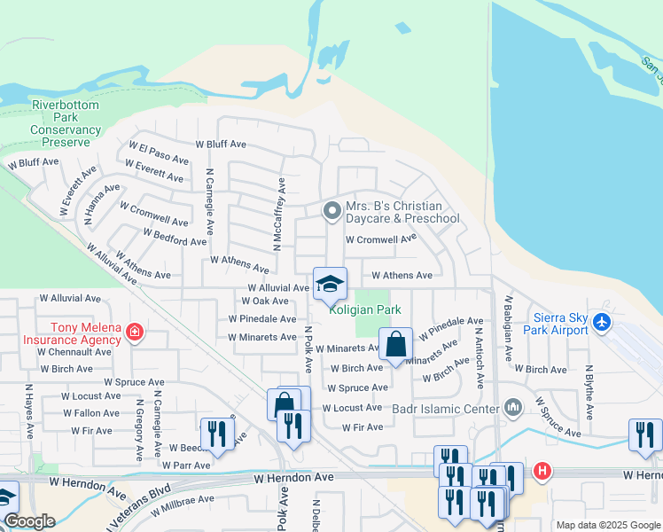 map of restaurants, bars, coffee shops, grocery stores, and more near 5405 West Athens Avenue in Fresno
