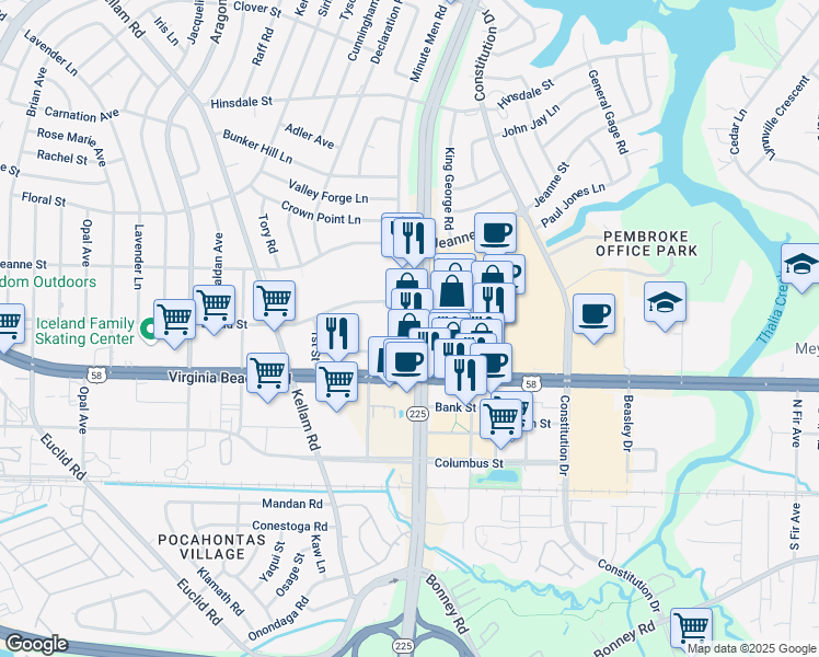 map of restaurants, bars, coffee shops, grocery stores, and more near 313 Independence Boulevard in Virginia Beach