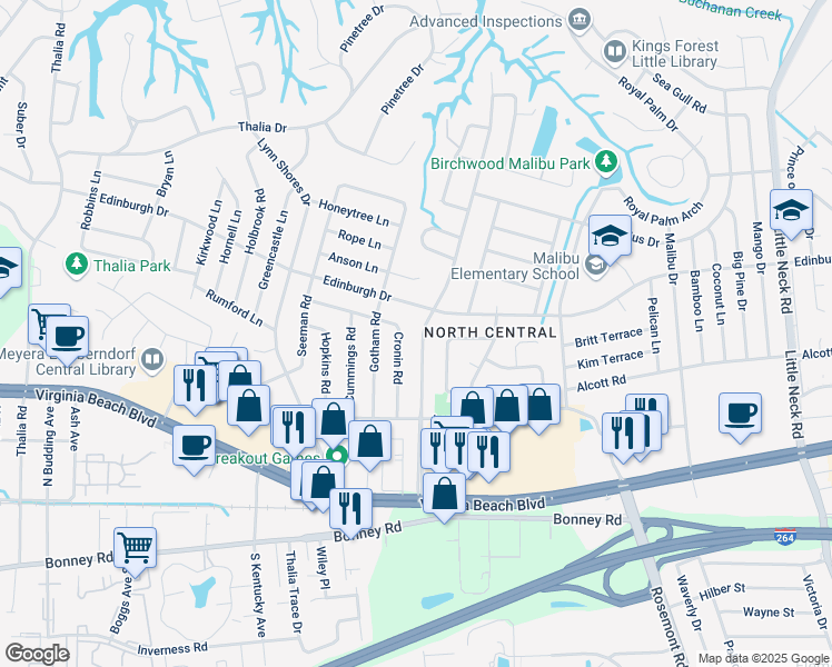 map of restaurants, bars, coffee shops, grocery stores, and more near 432 Caren Drive in Virginia Beach