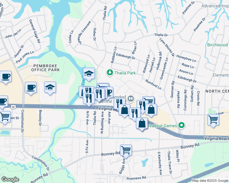 map of restaurants, bars, coffee shops, grocery stores, and more near 4024 Roebling Lane in Virginia Beach