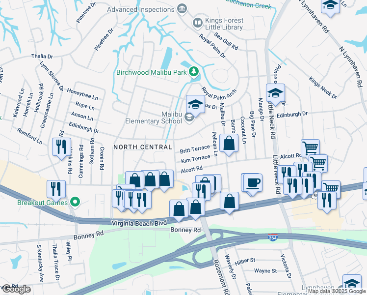 map of restaurants, bars, coffee shops, grocery stores, and more near 3641 Britt Terrace in Virginia Beach