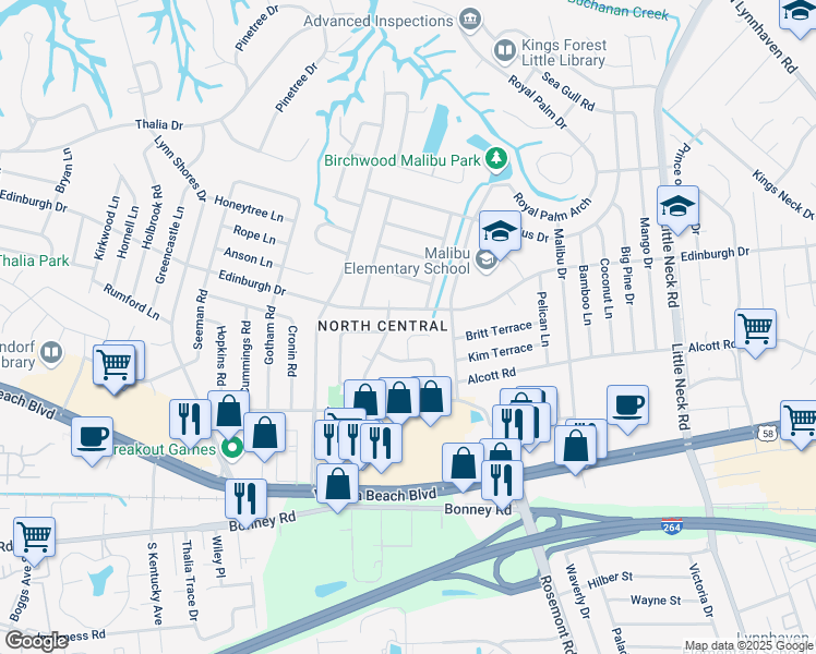map of restaurants, bars, coffee shops, grocery stores, and more near 3728 Northmoor Court in Virginia Beach