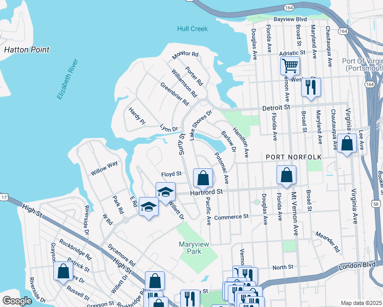 map of restaurants, bars, coffee shops, grocery stores, and more near 548 Lake Shores Drive in Portsmouth