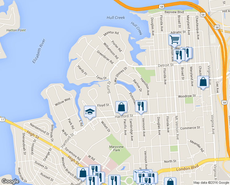 map of restaurants, bars, coffee shops, grocery stores, and more near 548 Lake Shores Drive in Portsmouth