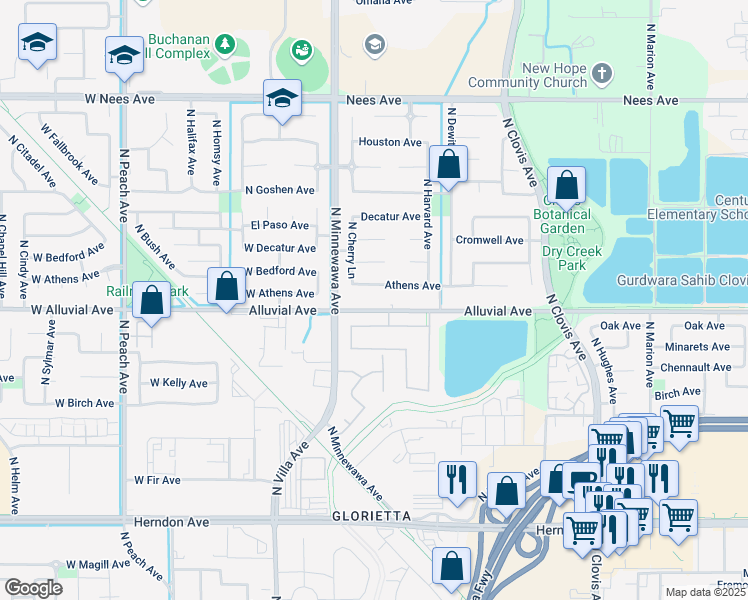 map of restaurants, bars, coffee shops, grocery stores, and more near 149 Oak Avenue in Clovis