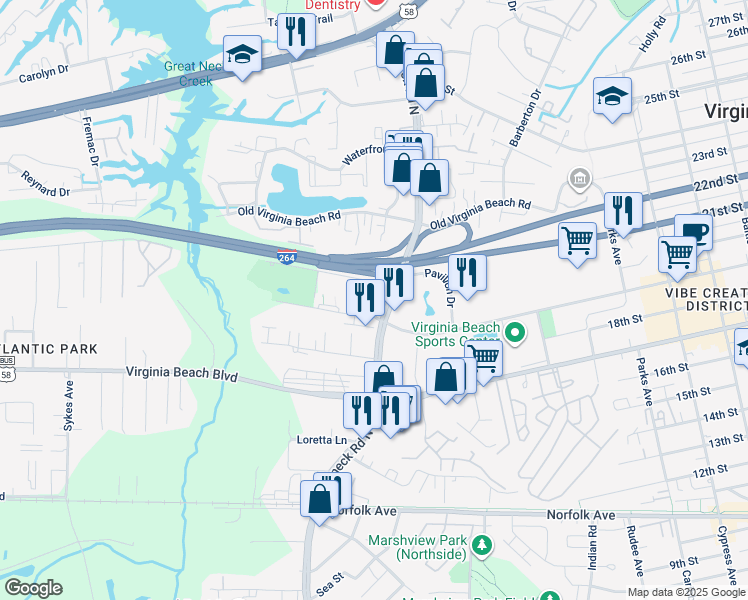 map of restaurants, bars, coffee shops, grocery stores, and more near Integrity Way in Virginia Beach