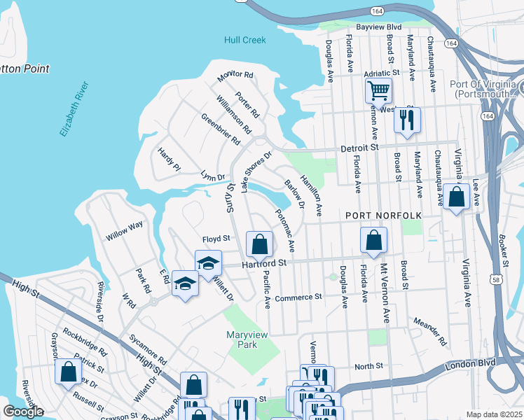 map of restaurants, bars, coffee shops, grocery stores, and more near 696 Lake Shores Drive in Portsmouth