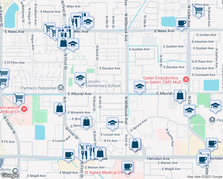 map of restaurants, bars, coffee shops, grocery stores, and more near 923 East Alluvial Avenue in Fresno