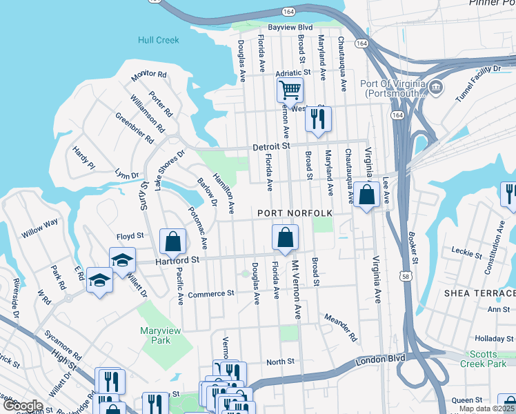 map of restaurants, bars, coffee shops, grocery stores, and more near 527 Douglas Avenue in Portsmouth