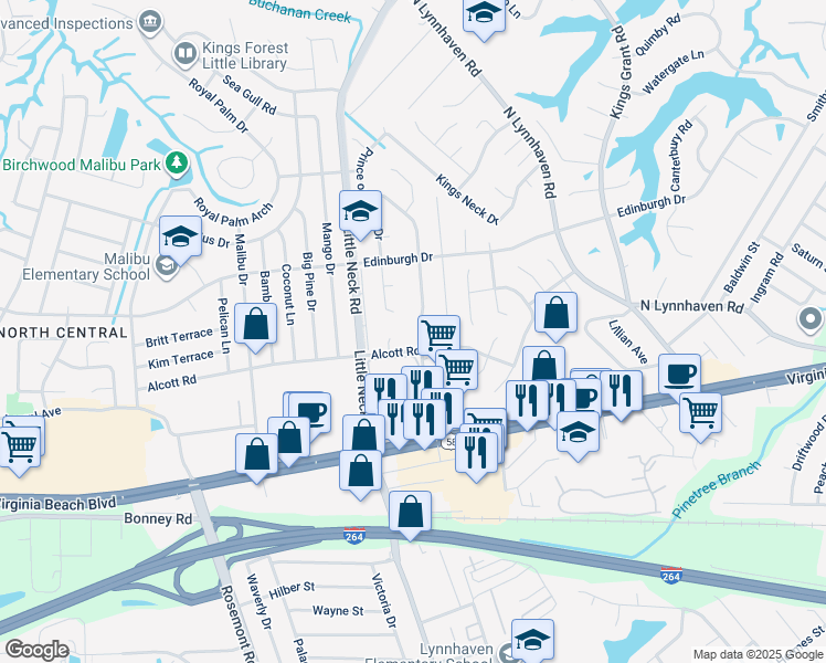 map of restaurants, bars, coffee shops, grocery stores, and more near 409 King Richard Drive in Virginia Beach