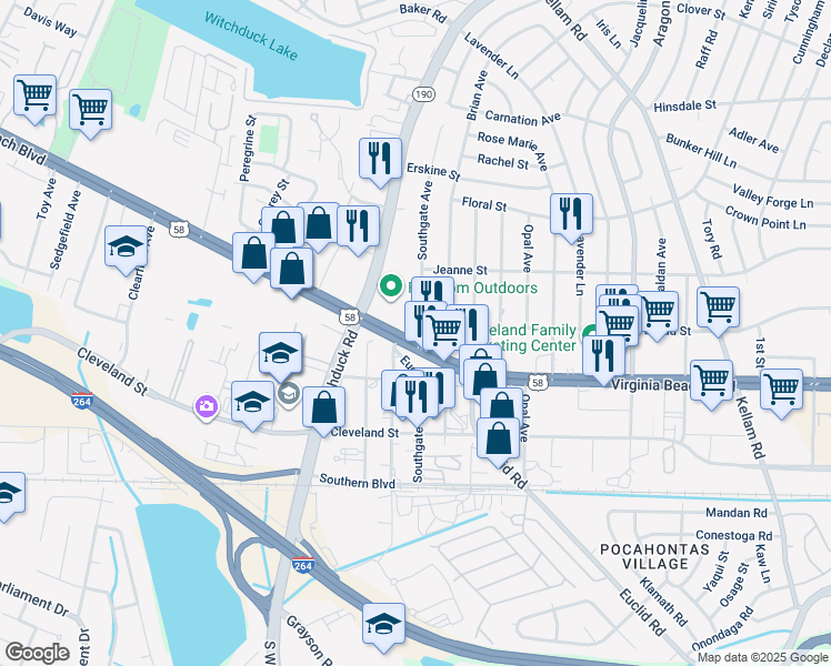 map of restaurants, bars, coffee shops, grocery stores, and more near 5055 Euclid Road in Virginia Beach