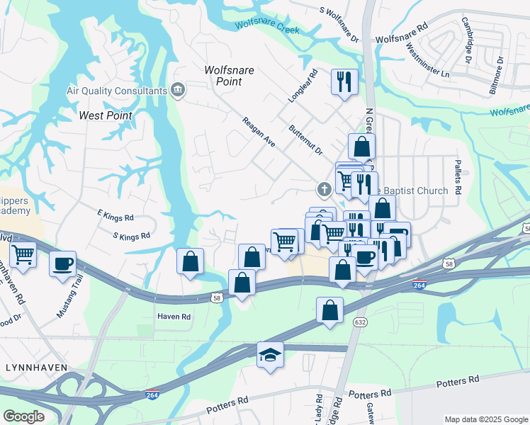 map of restaurants, bars, coffee shops, grocery stores, and more near 305 London Pointe Court in Virginia Beach