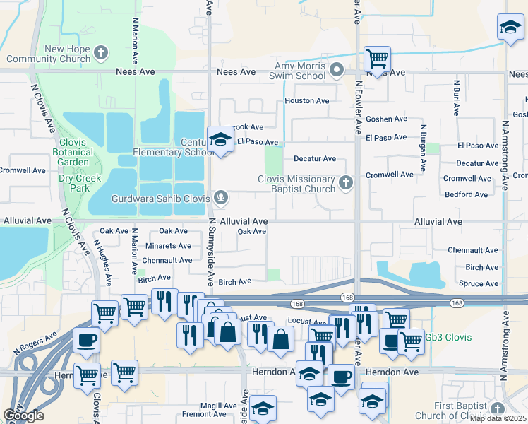 map of restaurants, bars, coffee shops, grocery stores, and more near 799 North Fordham Avenue in Clovis