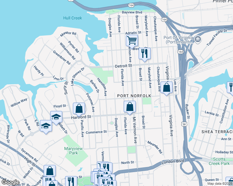 map of restaurants, bars, coffee shops, grocery stores, and more near 527 Douglas Avenue in Portsmouth
