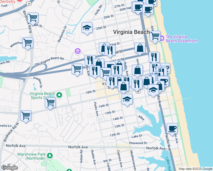 map of restaurants, bars, coffee shops, grocery stores, and more near 617 18th Street in Virginia Beach
