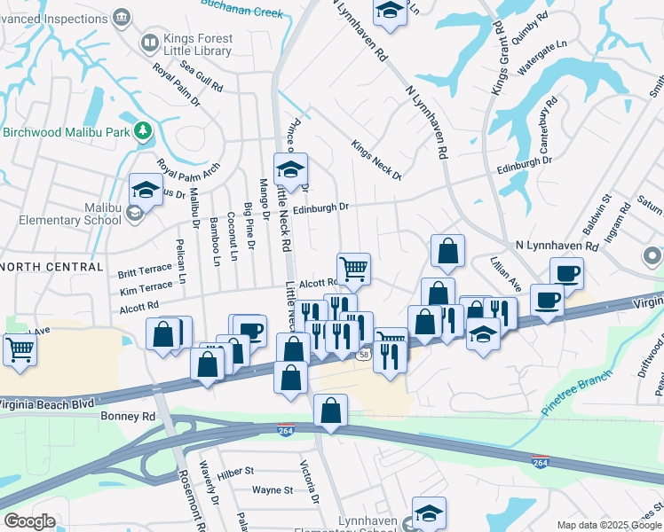 map of restaurants, bars, coffee shops, grocery stores, and more near 409 King Richard Drive in Virginia Beach