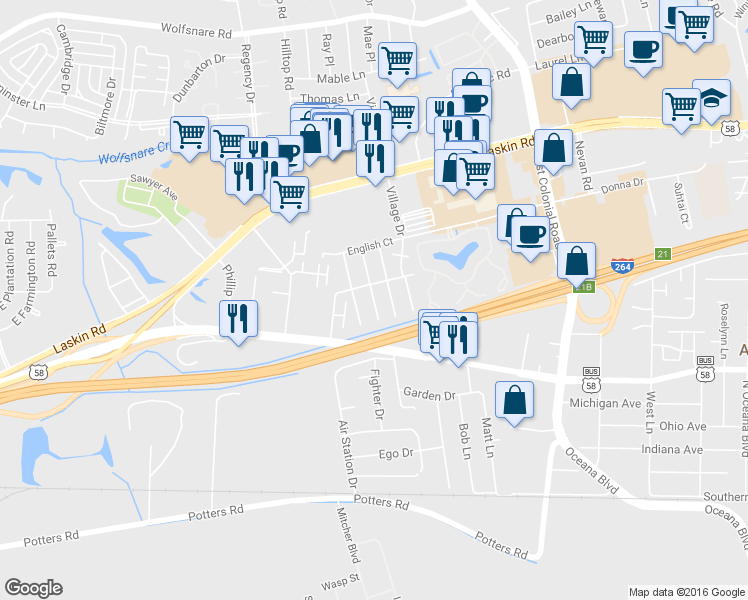 map of restaurants, bars, coffee shops, grocery stores, and more near 319 Chesire Court South in Virginia Beach
