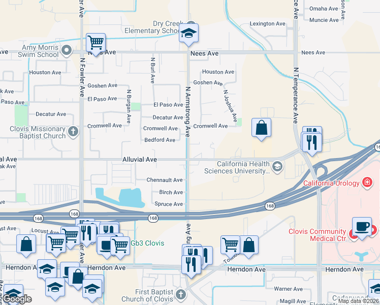map of restaurants, bars, coffee shops, grocery stores, and more near 791 North Armstrong Avenue in Clovis