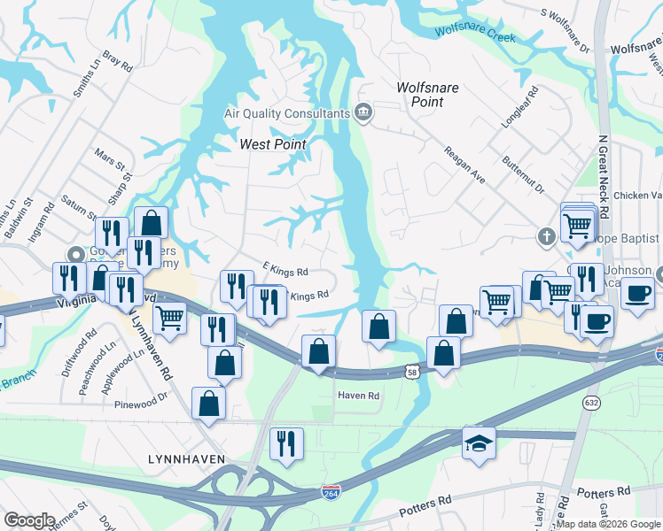 map of restaurants, bars, coffee shops, grocery stores, and more near 2617 East Kings Road in Virginia Beach