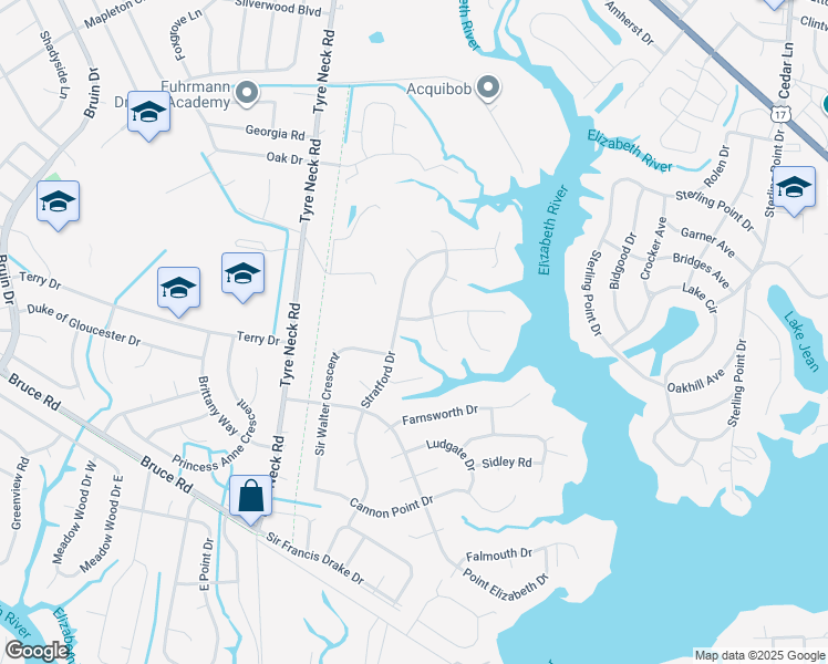 map of restaurants, bars, coffee shops, grocery stores, and more near 3017 Stratford Drive in Chesapeake