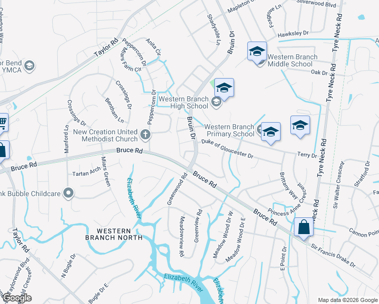 map of restaurants, bars, coffee shops, grocery stores, and more near 2910 Radcliffe Lane North in Chesapeake