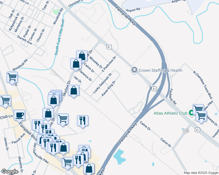 map of restaurants, bars, coffee shops, grocery stores, and more near 401 Kauai King Drive in Hopkinsville