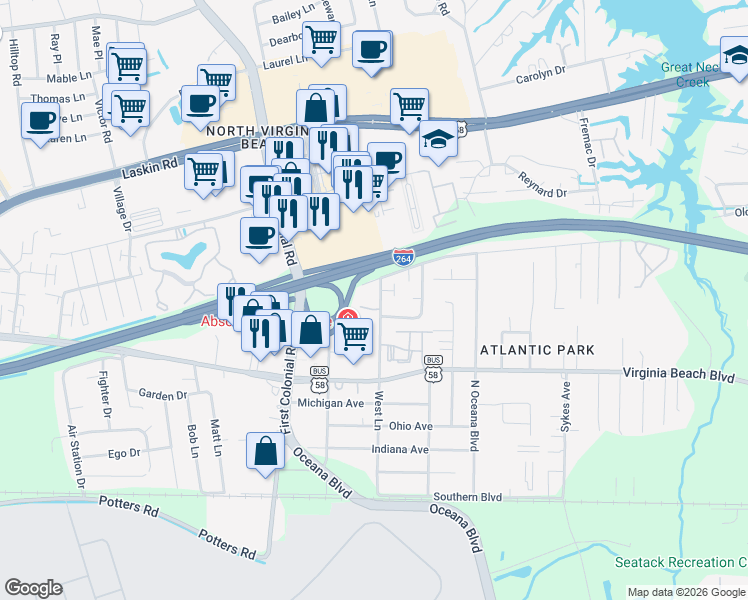 map of restaurants, bars, coffee shops, grocery stores, and more near 400 Hill Meadow Drive in Virginia Beach