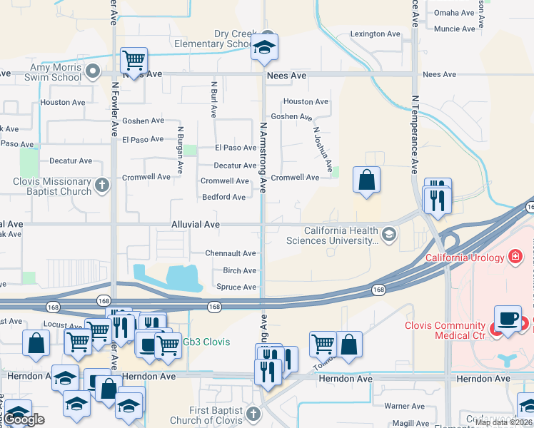 map of restaurants, bars, coffee shops, grocery stores, and more near 791 North Armstrong Avenue in Clovis