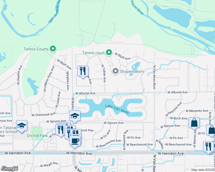 map of restaurants, bars, coffee shops, grocery stores, and more near 7408 North Tahan Avenue in Fresno