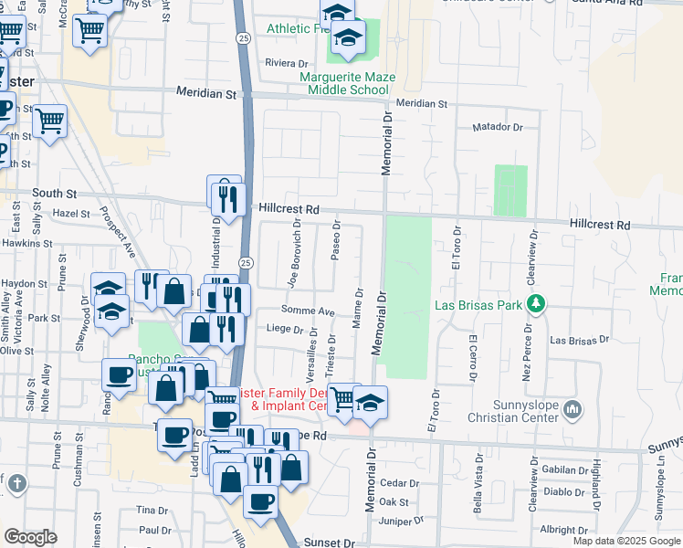 map of restaurants, bars, coffee shops, grocery stores, and more near 981 Paseo Drive in Hollister