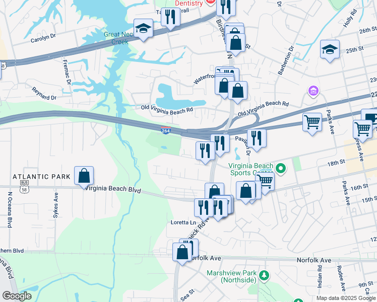 map of restaurants, bars, coffee shops, grocery stores, and more near Gordon Walk in Virginia Beach