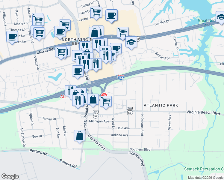 map of restaurants, bars, coffee shops, grocery stores, and more near 400 Hill Meadow Drive in Virginia Beach
