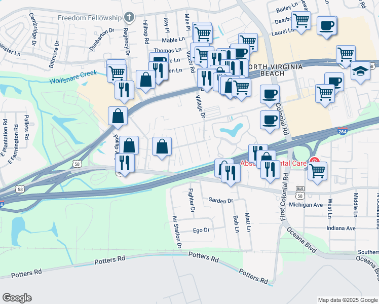 map of restaurants, bars, coffee shops, grocery stores, and more near 319 Chesire Court South in Virginia Beach